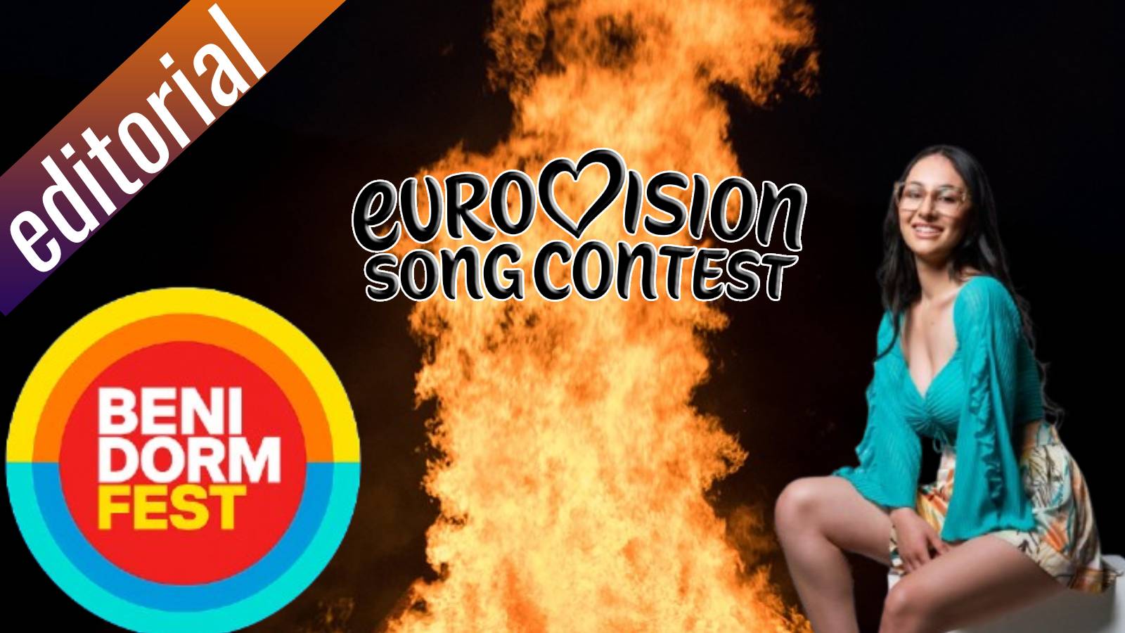 Η Klavdia μπροστά από φλόγες, με τα λογότυπα της Eurovision και του Benidorm Fest, σε editorial εικόνα για τον διαγωνισμό τραγουδιού του 2026.